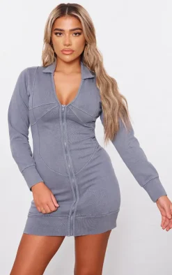 Exposed Seam Zip Up Sweat Bodycon Dress-PrettyLittleThing Online