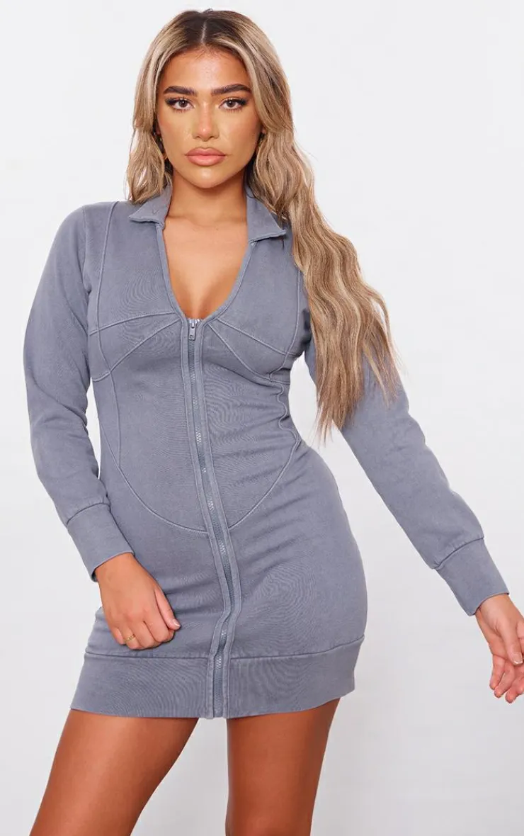 Exposed Seam Zip Up Sweat Bodycon Dress-PrettyLittleThing Online