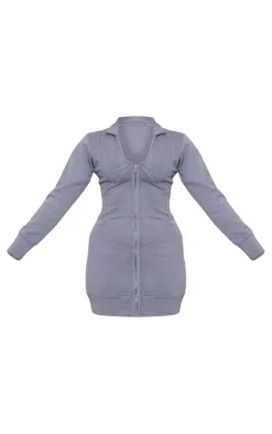 Exposed Seam Zip Up Sweat Bodycon Dress-PrettyLittleThing Online