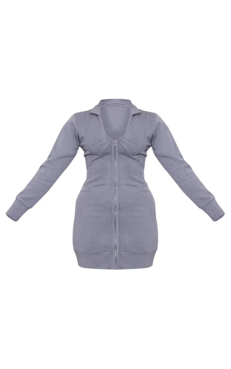Exposed Seam Zip Up Sweat Bodycon Dress-PrettyLittleThing Online