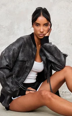 PrettyLittleThing Bomber Jackets*Extreme Distressed Faux Leather Bomber Jacket