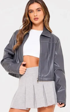 PrettyLittleThing Faux Leather Jackets*Faux Leather Contrast Stitch Jacket