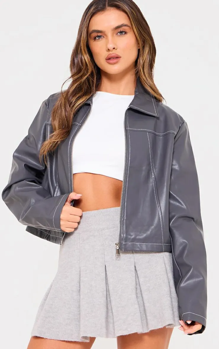 PrettyLittleThing Faux Leather Jackets*Faux Leather Contrast Stitch Jacket