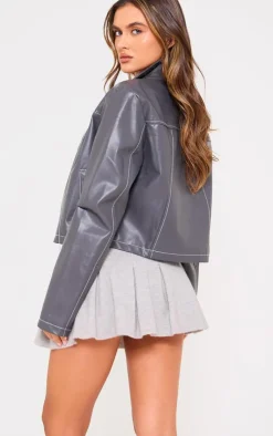 PrettyLittleThing Faux Leather Jackets*Faux Leather Contrast Stitch Jacket