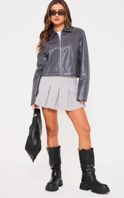 PrettyLittleThing Faux Leather Jackets*Faux Leather Contrast Stitch Jacket