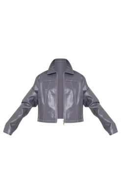 PrettyLittleThing Faux Leather Jackets*Faux Leather Contrast Stitch Jacket