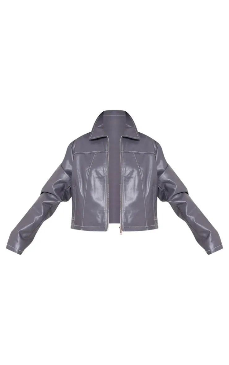 PrettyLittleThing Faux Leather Jackets*Faux Leather Contrast Stitch Jacket