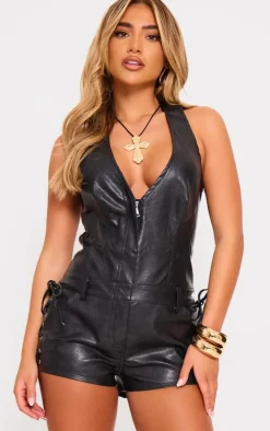 Charcoal Faux Leather Halterneck Lace Short Romper-PrettyLittleThing Discount