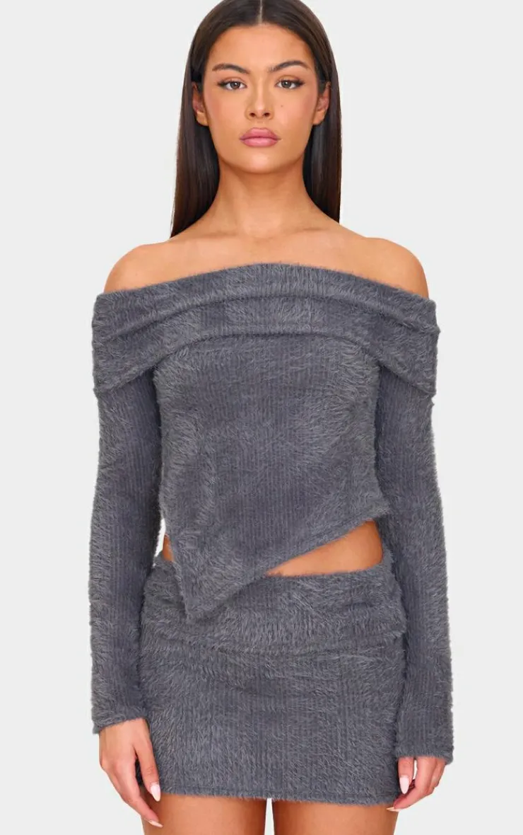Best PrettyLittleThing Fluffy Textured Asymmetric Fold Over Bardot Top Charcoal