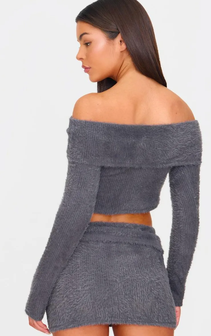 Best PrettyLittleThing Fluffy Textured Asymmetric Fold Over Bardot Top Charcoal