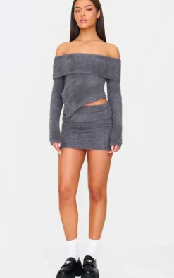 Best PrettyLittleThing Fluffy Textured Asymmetric Fold Over Bardot Top Charcoal