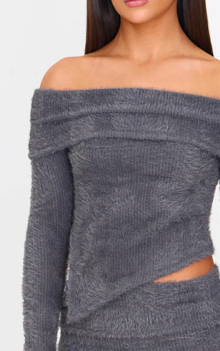 Best PrettyLittleThing Fluffy Textured Asymmetric Fold Over Bardot Top Charcoal