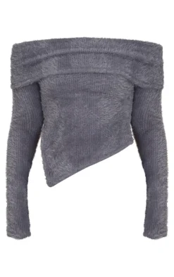 Best PrettyLittleThing Fluffy Textured Asymmetric Fold Over Bardot Top Charcoal