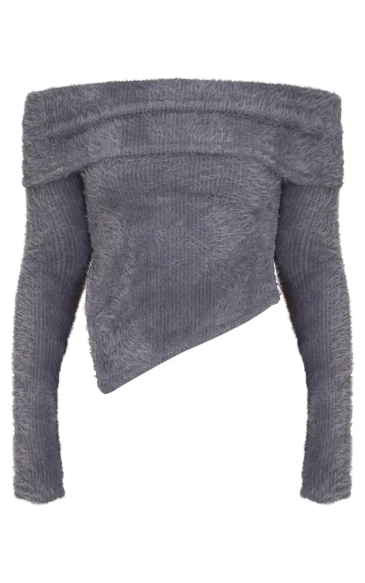 Best PrettyLittleThing Fluffy Textured Asymmetric Fold Over Bardot Top Charcoal