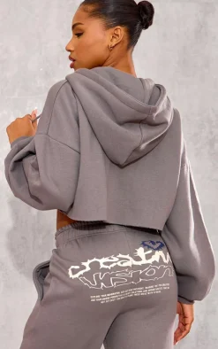 Sale PrettyLittleThing Graphic Oversized Cropped Zip Hoodie Charcoal