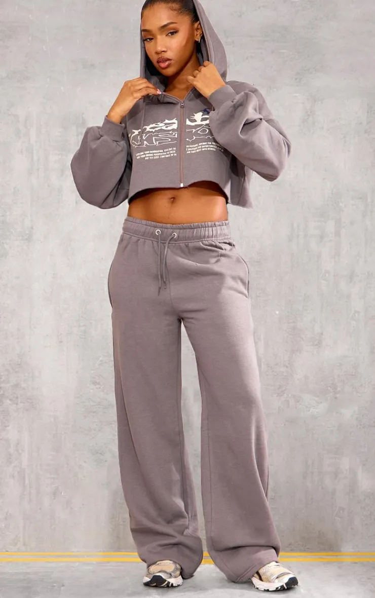 Sale PrettyLittleThing Graphic Oversized Cropped Zip Hoodie Charcoal