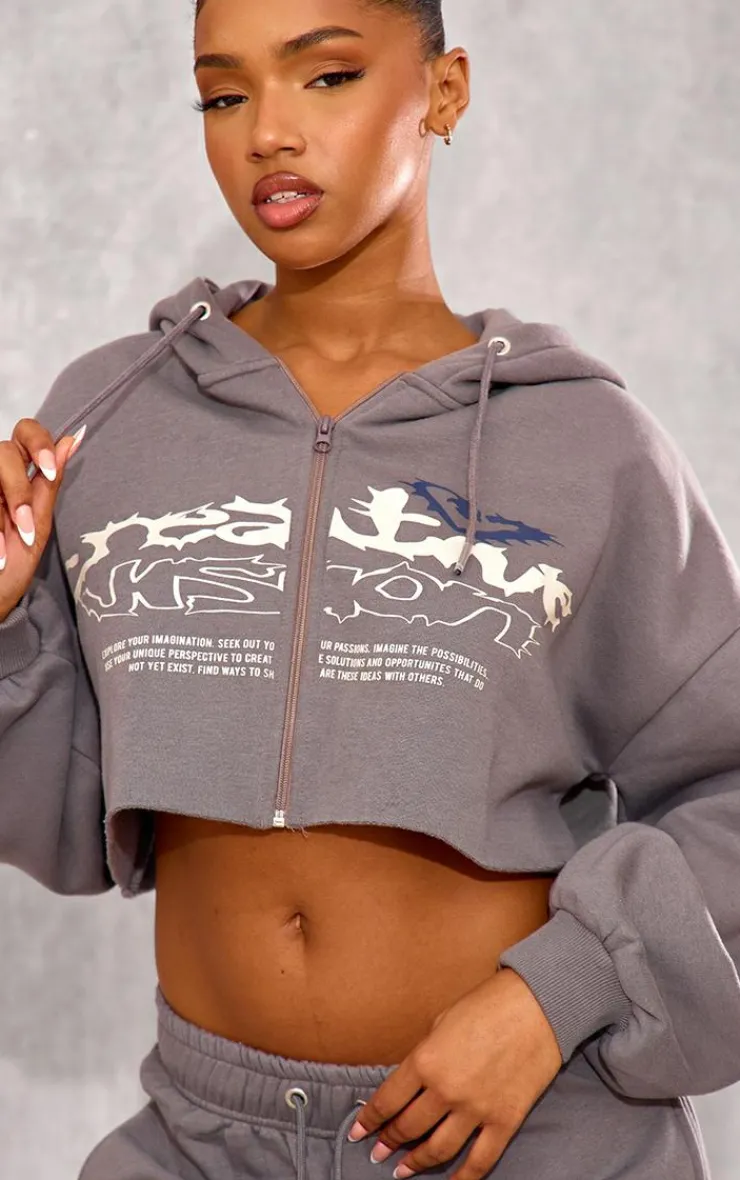 Sale PrettyLittleThing Graphic Oversized Cropped Zip Hoodie Charcoal