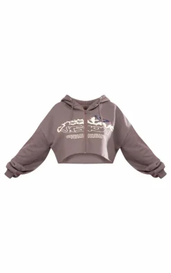 Sale PrettyLittleThing Graphic Oversized Cropped Zip Hoodie Charcoal