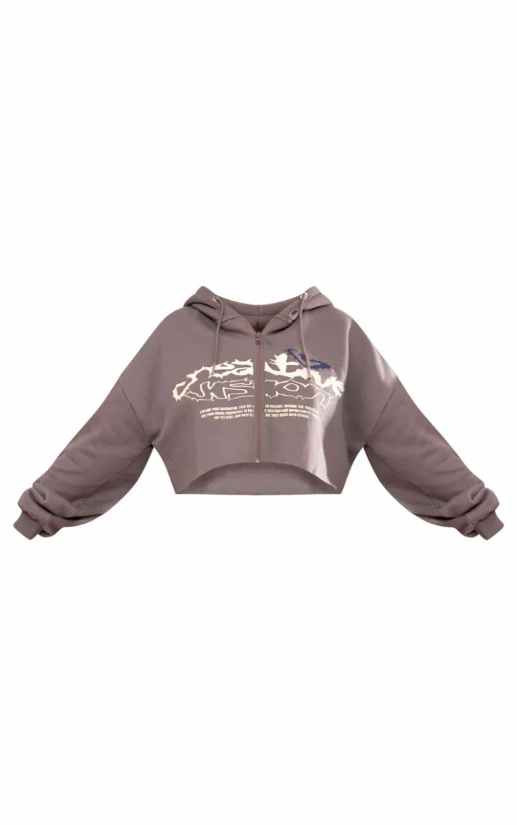 Sale PrettyLittleThing Graphic Oversized Cropped Zip Hoodie Charcoal