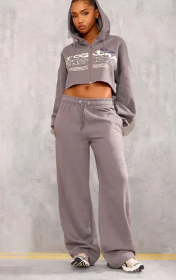 Discount PrettyLittleThing Graphic Oversized Wide Leg Sweatpants Charcoal