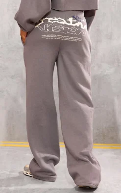 Discount PrettyLittleThing Graphic Oversized Wide Leg Sweatpants Charcoal