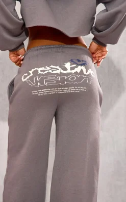 Discount PrettyLittleThing Graphic Oversized Wide Leg Sweatpants Charcoal