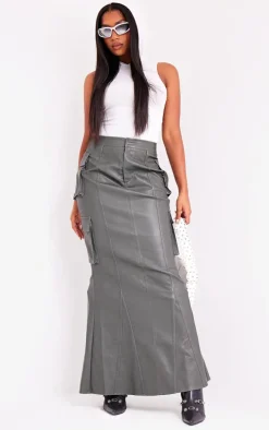Charcoal Green Faux Leather Cargo Maxi Skirt
