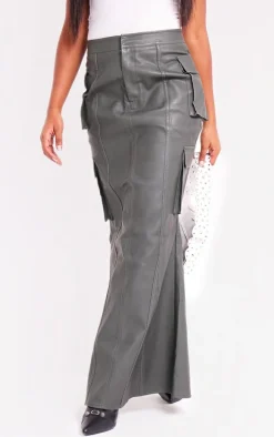 Charcoal Green Faux Leather Cargo Maxi Skirt