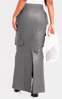 Charcoal Green Faux Leather Cargo Maxi Skirt