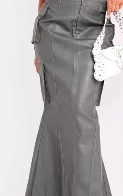 Charcoal Green Faux Leather Cargo Maxi Skirt
