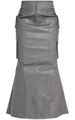 Charcoal Green Faux Leather Cargo Maxi Skirt