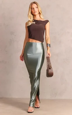 Charcoal Green Stretch Satin Split Side Maxi Skirt