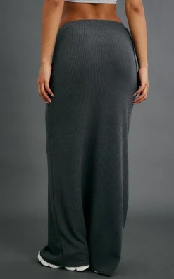 Charcoal Grey Crinkle Rib Curved Waist Maxi Skirt