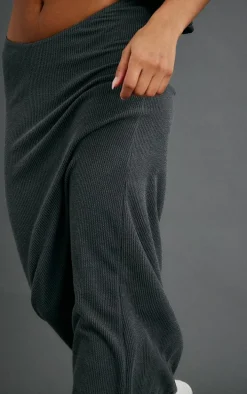 Charcoal Grey Crinkle Rib Curved Waist Maxi Skirt