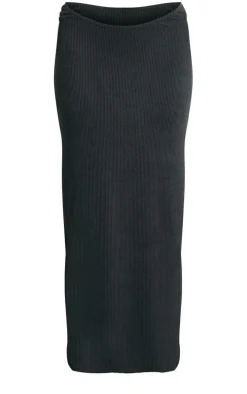 Charcoal Grey Crinkle Rib Curved Waist Maxi Skirt