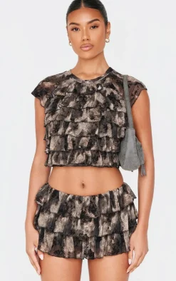 PrettyLittleThing Devore Mesh Ruffle Top Charcoal Grey