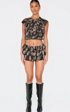 PrettyLittleThing Devore Mesh Ruffle Top Charcoal Grey