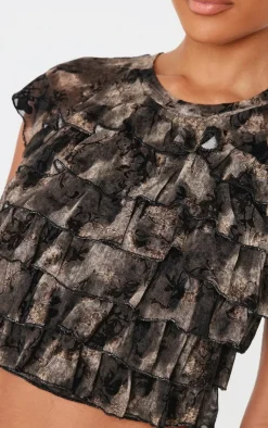 PrettyLittleThing Devore Mesh Ruffle Top Charcoal Grey