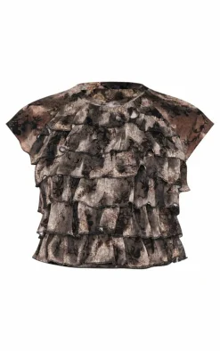PrettyLittleThing Devore Mesh Ruffle Top Charcoal Grey