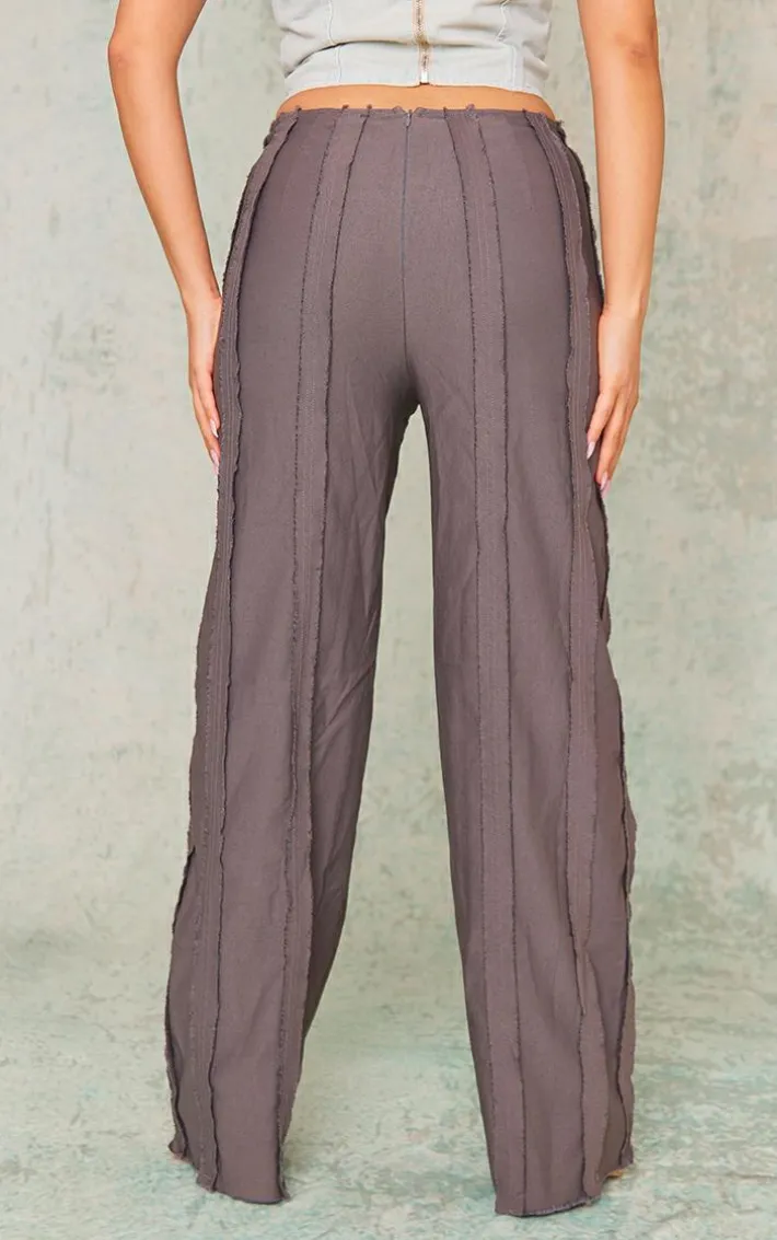 Charcoal Grey Exposed Seam Tie Front Mid Rise Pants