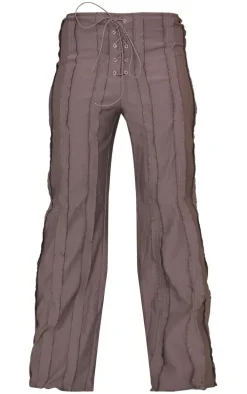 Charcoal Grey Exposed Seam Tie Front Mid Rise Pants