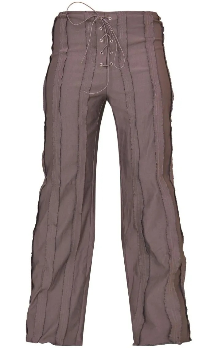 Charcoal Grey Exposed Seam Tie Front Mid Rise Pants
