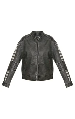 PrettyLittleThing Faux Leather Jackets*Faux Leather Distressed Quilted Detail Biker Jacket