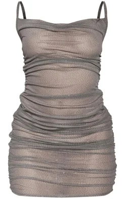 Glitter Mesh Cowl Neck Ruched Strappy Bodycon Dress-PrettyLittleThing New
