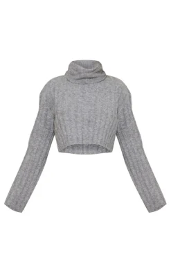 New PrettyLittleThing Luxe Knit Wide Rib Cross Back Crop Sweater Charcoal Grey
