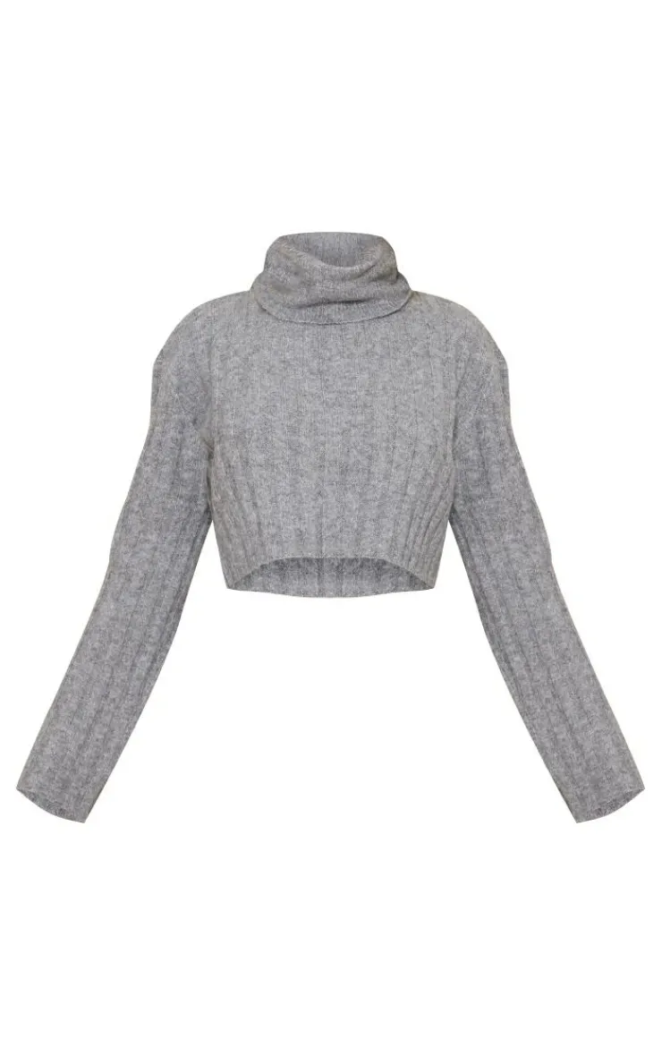 New PrettyLittleThing Luxe Knit Wide Rib Cross Back Crop Sweater Charcoal Grey