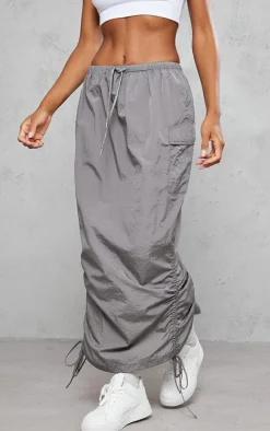 Charcoal Grey Parachute Tie Waist Midaxi Skirt