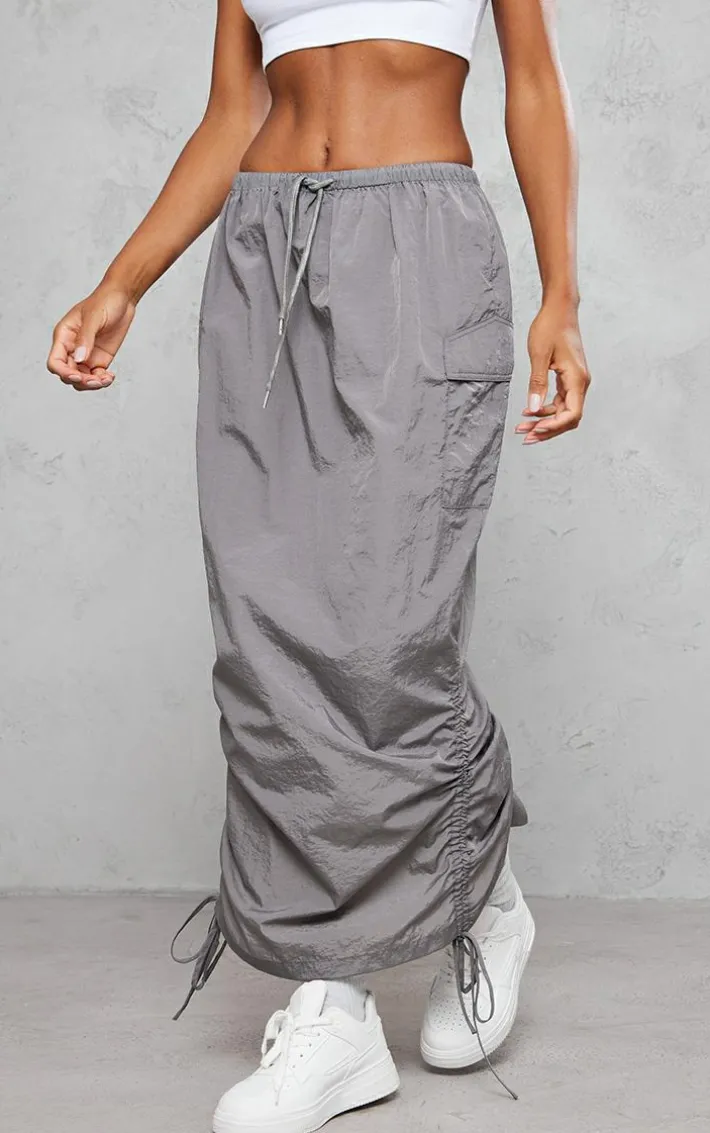 Charcoal Grey Parachute Tie Waist Midaxi Skirt
