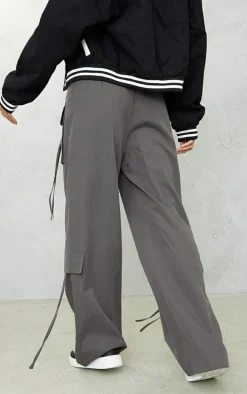 Charcoal Grey Peached Pocket Detail Fold Over Waist Wide Leg Cargo's