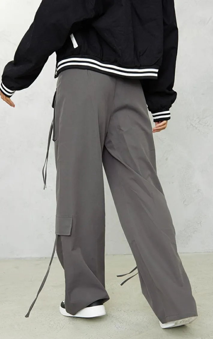 Charcoal Grey Peached Pocket Detail Fold Over Waist Wide Leg Cargo's